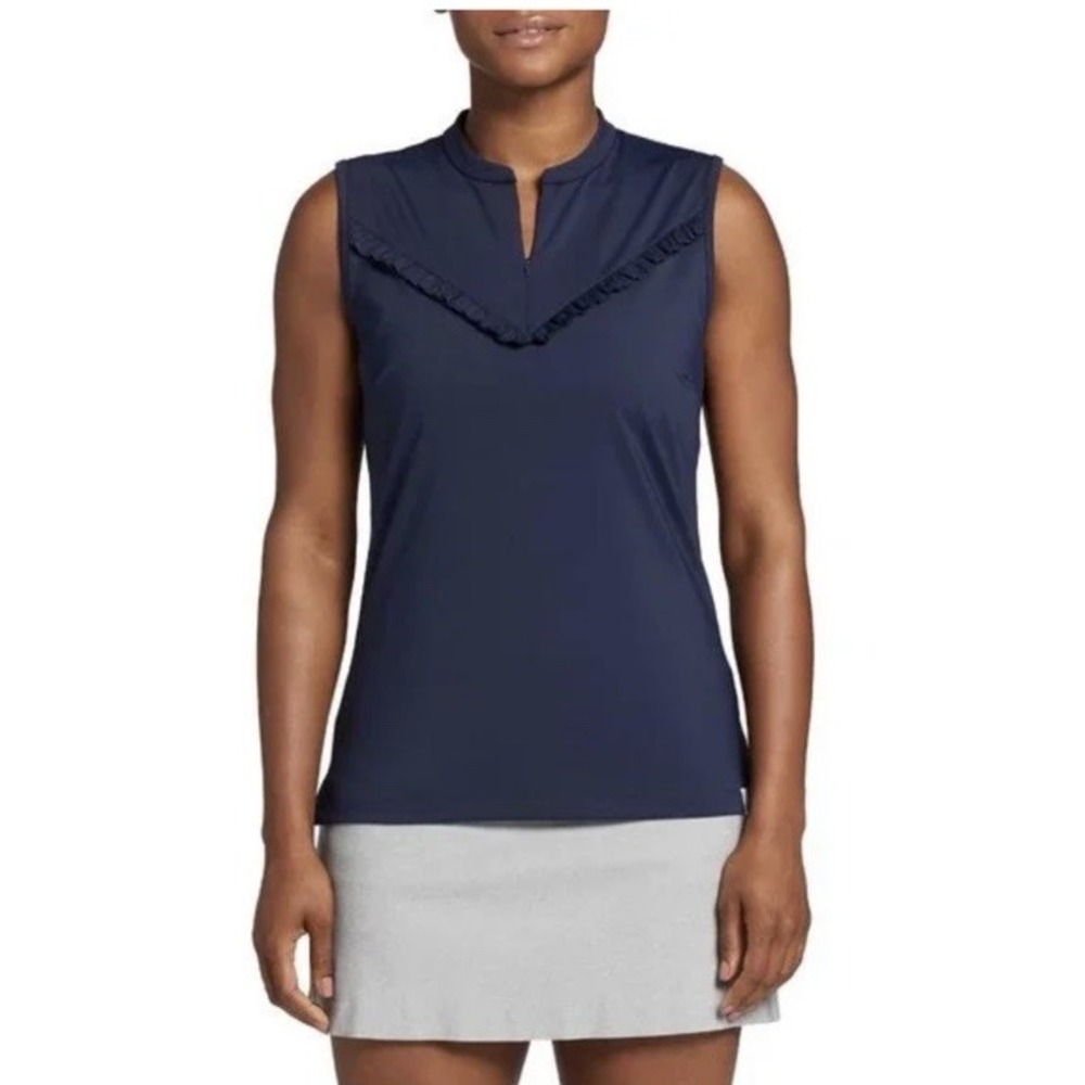 Lady Hagen Women's XL Front Ruffle Sleeveless Navy Golf Tennis Zipper Polo Shirt